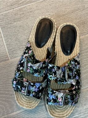 Rebecca Minkoff Black Floral Buckle Espadrille Slides Sandals Women’s Sz 10M